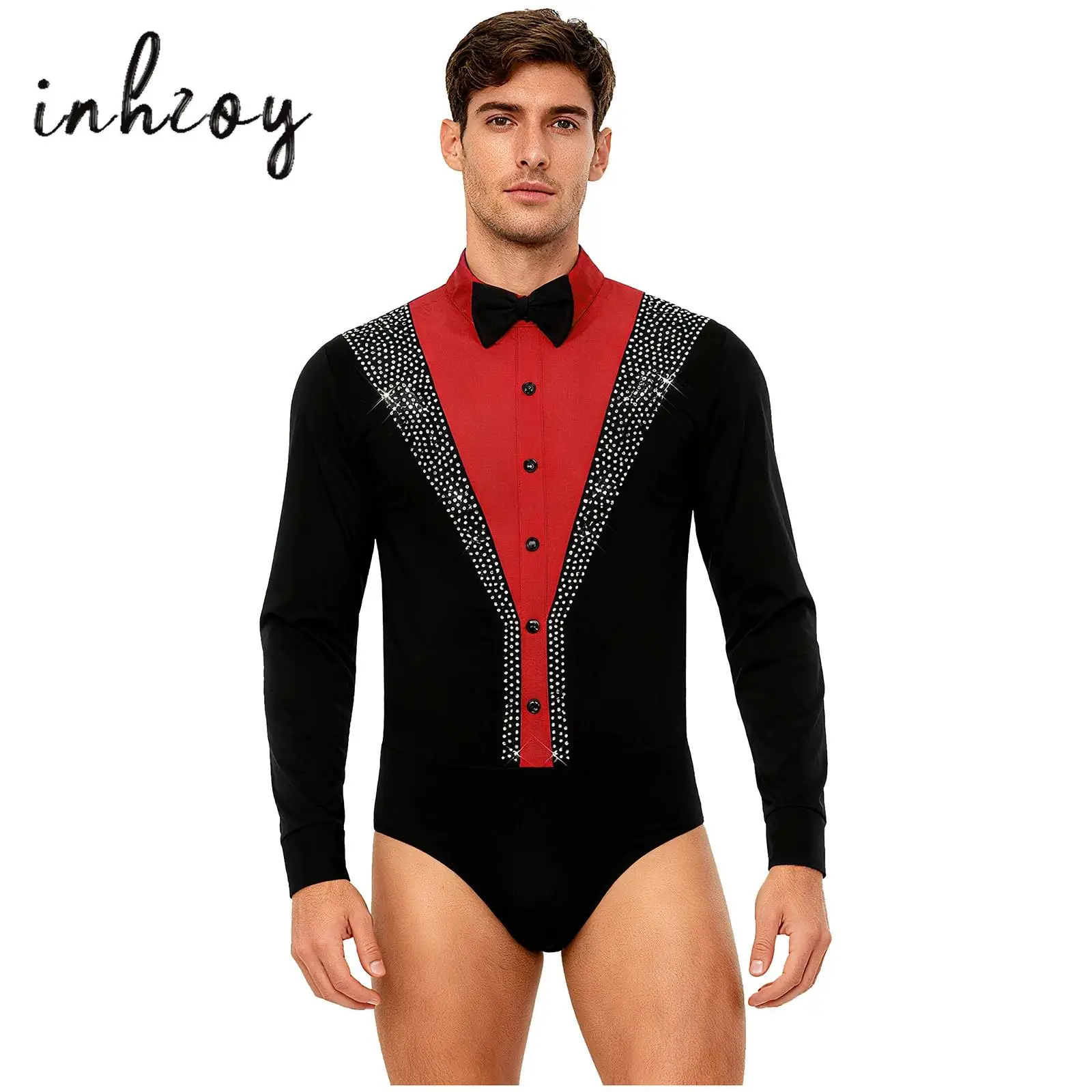 

Mens Figure Skating Latin Dance Bodysuit Shiny Rhinestones Long Sleeve Press Button Crotch Leotard Jumpsuit Tango Dance Costume