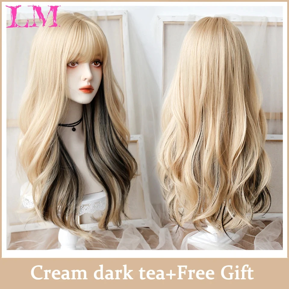 LM Light Black Blonde Synthetic Wigs With Bangs for Women Long Wavy Hair Wig Natural Cosplay Party Heat Resistant