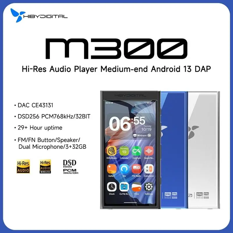 HiBy Digital M300 Android 13 reproductor de música MP3 Audio HiFi Bluetooth WiFi USB DAC DSD Radio FM micrófono Dual altavoz incorporado IPS 29 horas