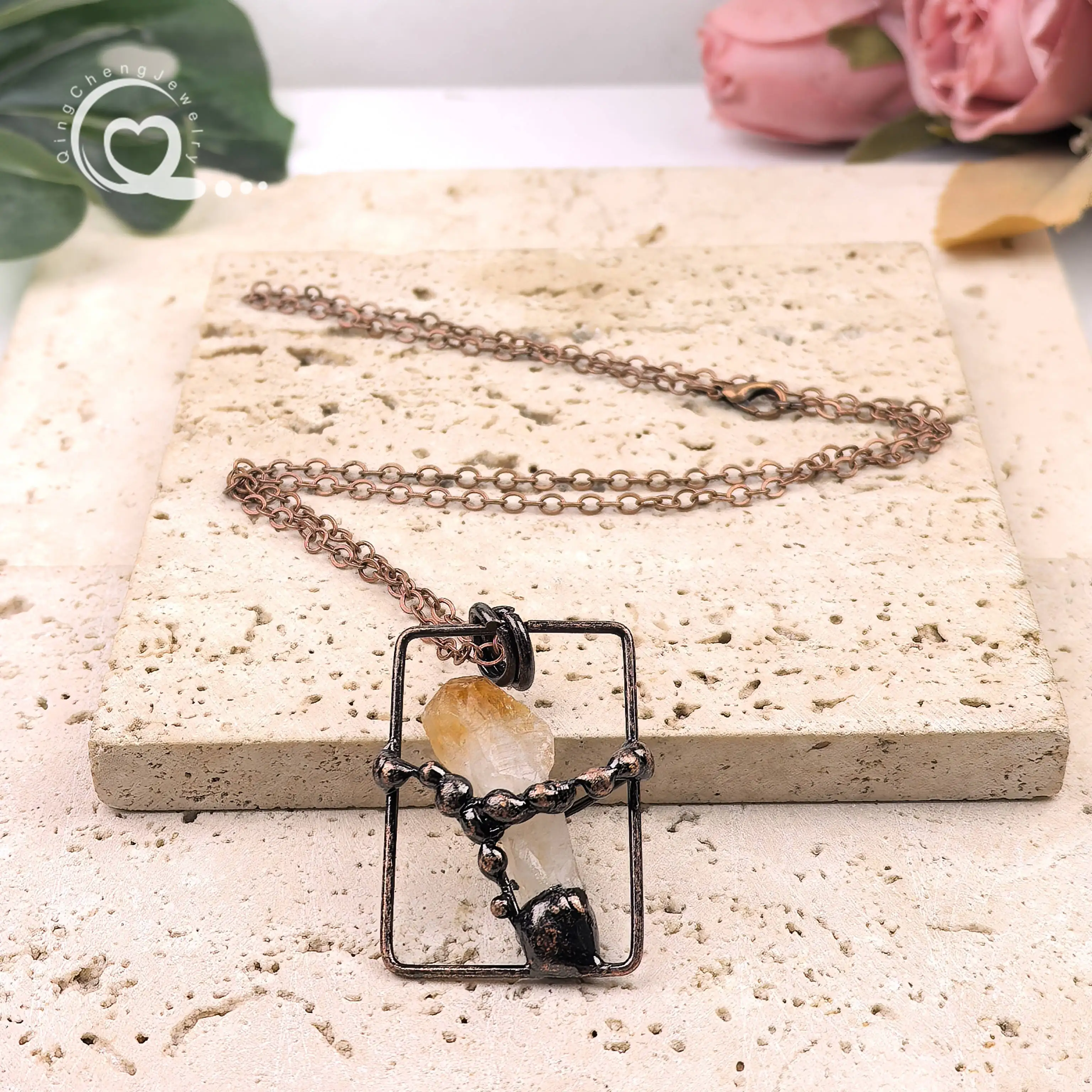 ملحوم البرونزية الخام كريستال نقطة قلادة العتيقة النحاس الخام سيترين جمشت الكتلة قلادة جالبة للحظ خمر مجوهرات QC3443 #5