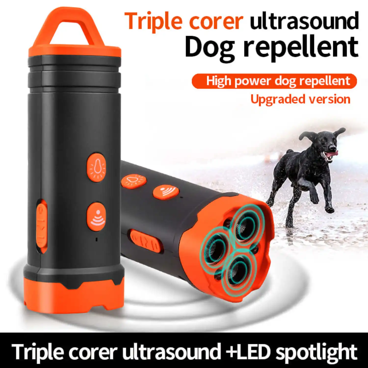 Ultrasonic Dog Repeller with LED Light Tri-core High Power Portable Handheld Ultrasonic Dog Trainer Repels Large Vicious Dogs