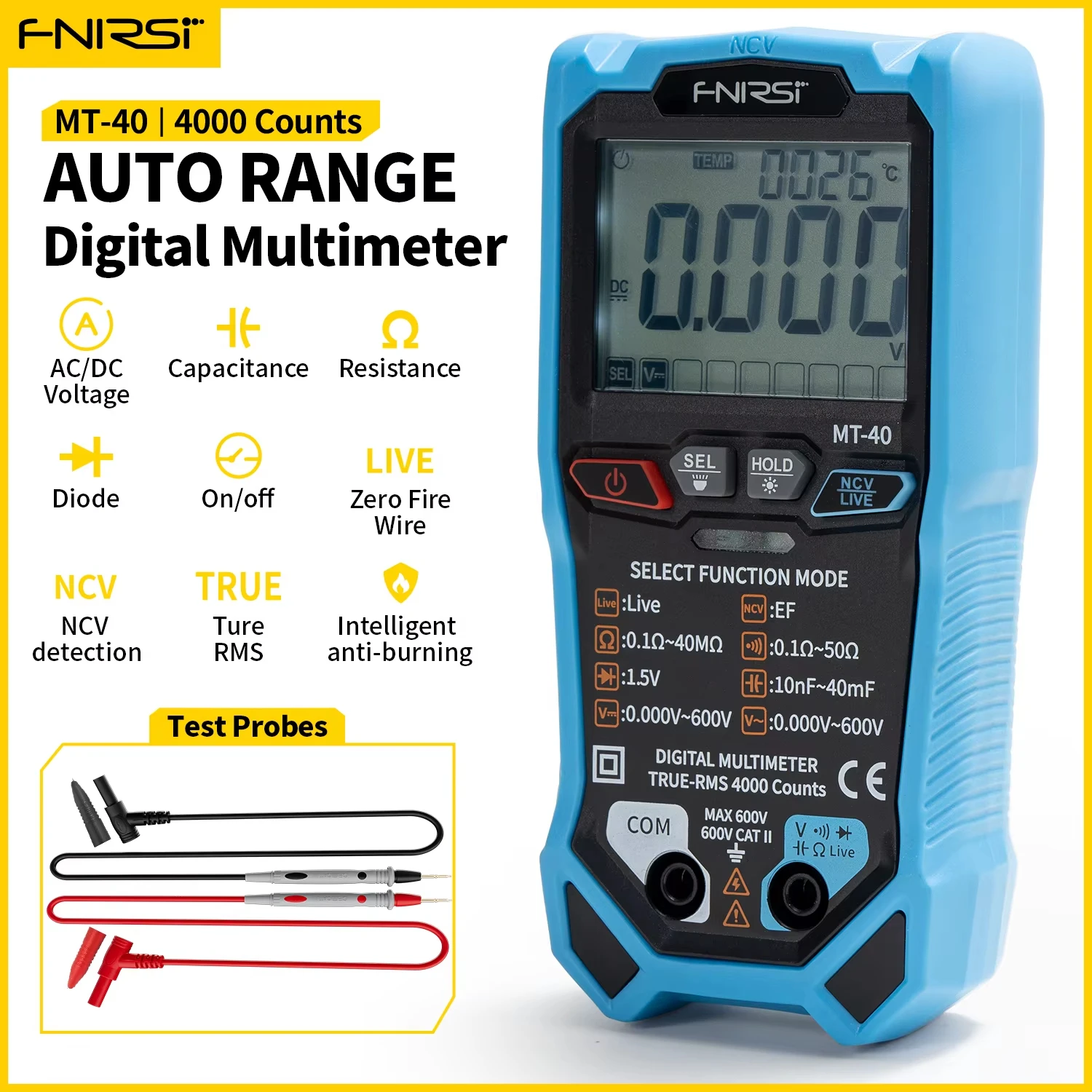 

FNIRSI MT-40 Smart Digital Multimeter 4000 Counts True RMS AC DC Voltage 600V Capacitance Ohm Hz NCV Live Wire Test Auto Range