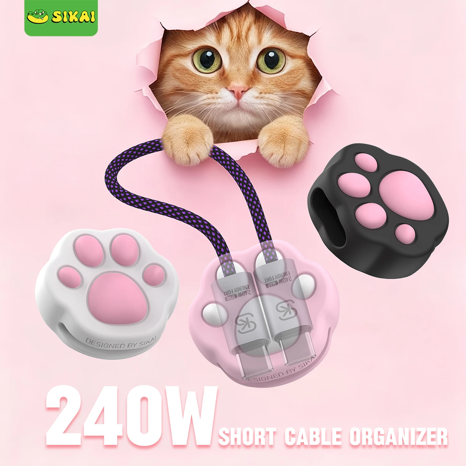 

SIKAI 240W Magnetic Short Cable CtoC with Catpaw Design Cable Organizer Fast Charging Data Transfer for iPhone Samsung Huwei