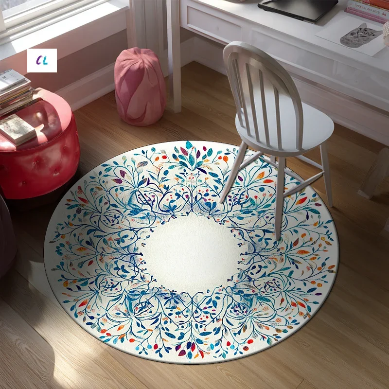 

Круглый фланелевой коврик в скандинавском стиле — яркий цветочный узор и листьев, нескользящий мягкий полиэстеровый коврик для гостиной, легко чистится