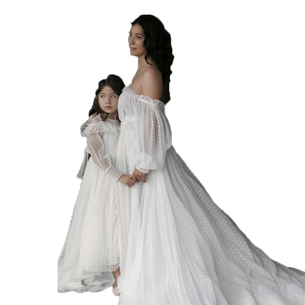 Abiti coordinati per mamma e me Tulle Wave Point A Line Abito da sposa Abito fotografico per madre e figlia per ragazze