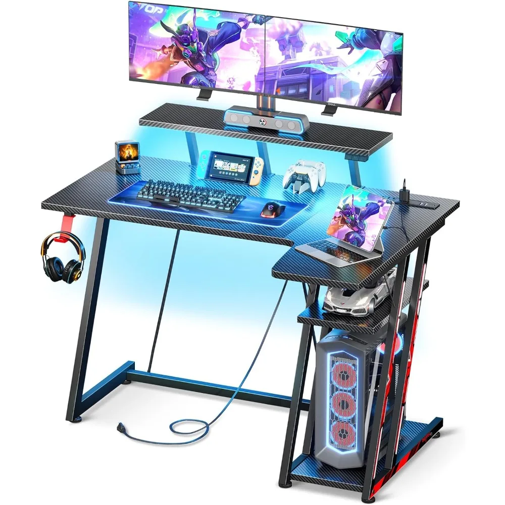 Petit bureau de jeu avec lumières LED et prises de courant, bureau d'ordinateur de jeu en forme de L de 39 pouces avec étagère de rangement, bureau de jeu