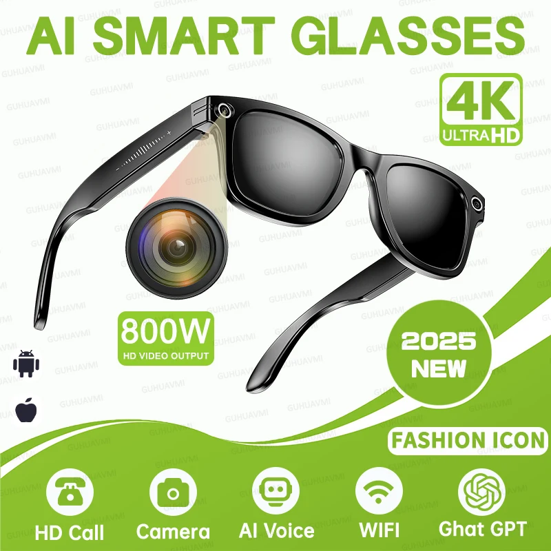 

НОВЫЕ 8-миллионные умные очки для записи видео, AI, распознавание фотографий, перевод ответов, IP65, водонепроницаемые HD Bluetooth-очки