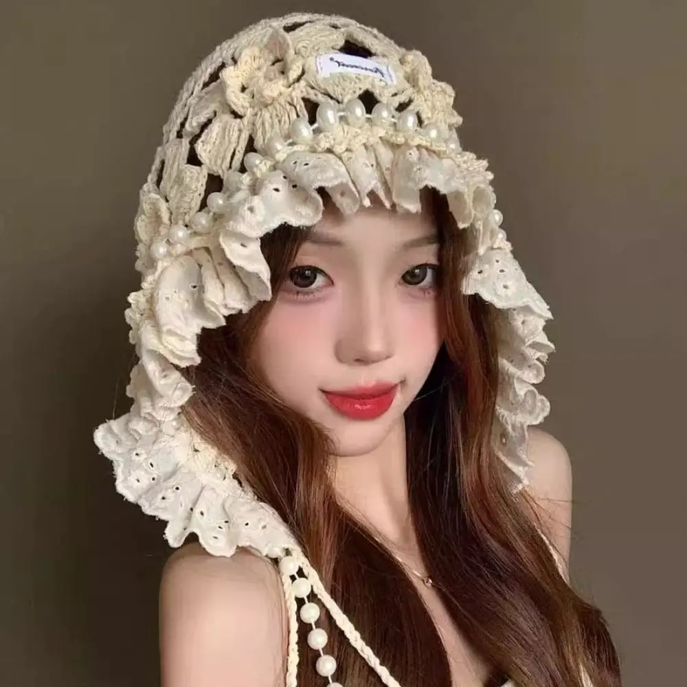 

Fashion Pearl Tassels Crochet Flower Knitted Hat Bohemian Style Thin Knit Cap Korean Handmade Ethnic Style Hat Outdoor