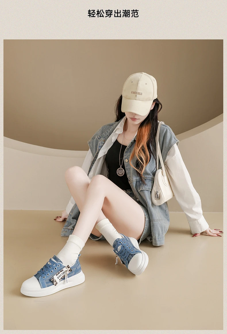 Neue Hip-Hop-Style Denim-Canvas-Schuhe Größe 43 Damen-Plimsolls mit Leoparden-Detail Niedrige Sneakers Damen Mode Freizeittrainer Turnschuhe – Detail 15