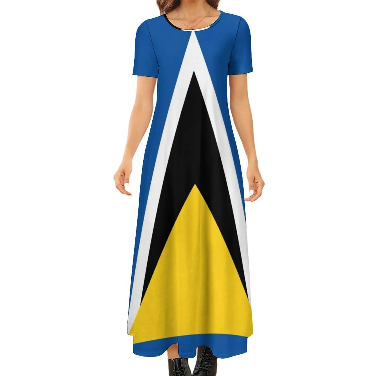 

Saint Lucia Flag Round Neck Short Sleeve Dress Long dress woman Prom gown long sleeve dresses