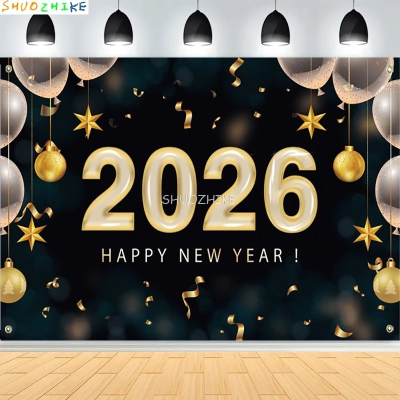 2026 الذهب سنة جديدة سعيدة خلفية بريق ساعة أضواء الشمبانيا بالونات عيد الميلاد الأسرة حفلة التصوير خلفية SZ-19 #4