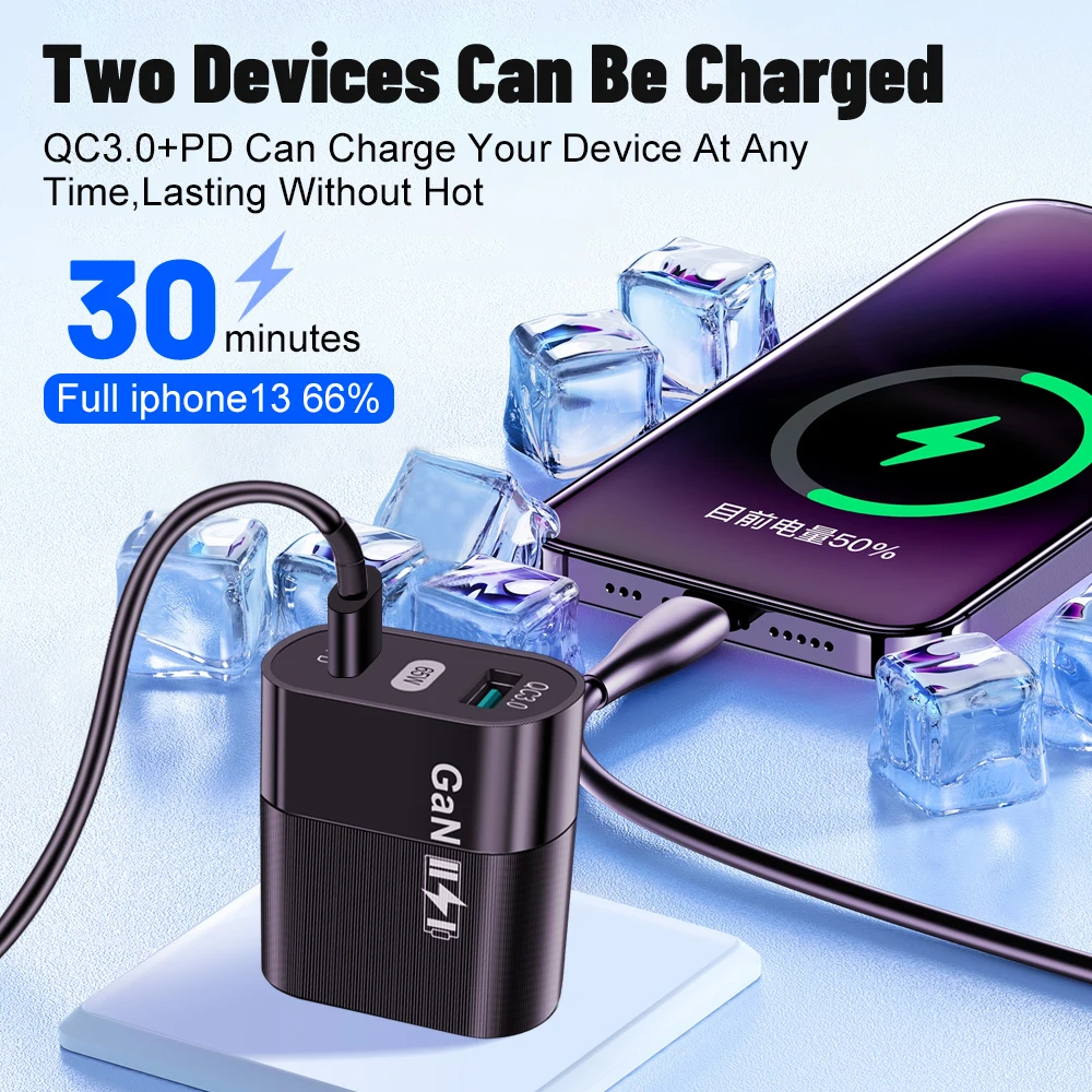 65W GaN USB Charger Fast Charging Charger QC3.0 For iPhone 14 13 12 Oneplus Xiaomi Samsung PD Type C Mobile Phone Quick Charger