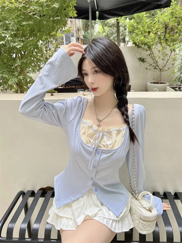 Deeptown Y2k Coquette Sexy Kawaii Maid T Shirt Women Sweet Girls Lace Long Sleeve Korean Style Kpop Slim Tees Tops 2024 Spring