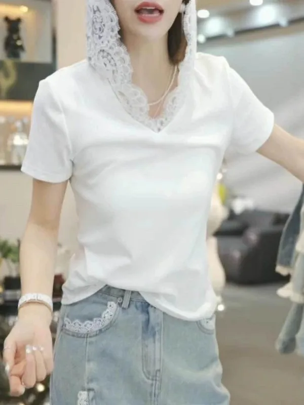 Korean Style Lace Splice Hat Pure Cotton Short Sleeve T-Shirt Women Summer Large Size Fat MM Design Sense Elegant Super Good ...
