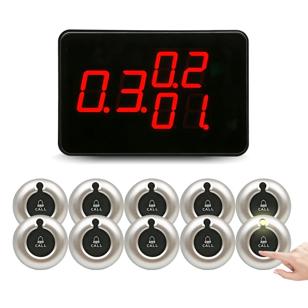 Drahtloses Anrufglocken-Nummernsystem, Restaurant-Kellner-Pager-Maschine, SET, 1 Empfänger-Monitor mit 10 Vibrationsglocken-Tasten-Service