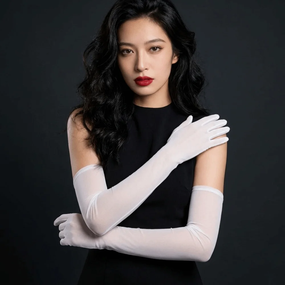 Ultra-thin Transparent Gloves Elbow Sheer Tulle Sunscreen Mittens Sun Protection Transparent Mesh Full Finger Gloves