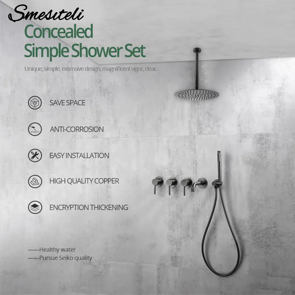 

Shower Faucet System Set Ceiling Arm Bathroom Mixer Gunmetal 8-12 Inch Rainfall Shower Head 3 ways Bath Tap With Spout 150/21