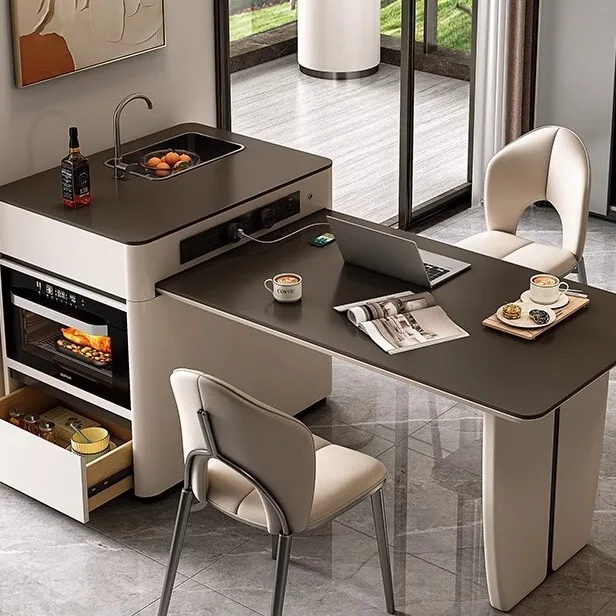 Retractable rock slab dining table Household multi-functional dining island table