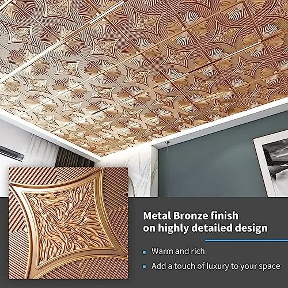 Paneles 3D Wainscoting 24x24 Azulejos de techo de bronce Paquete de 12 PVC Ligero Resistente al agua Instalación Pegamento 2x2 Ecológico