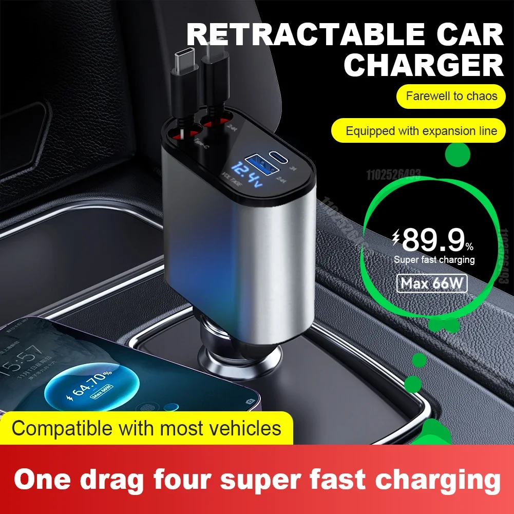 

Retractable Car Charger 4-in-1 Fast Car Phone Charger 2 USB Ports Charger Adapter For Android Phones Auto Accessories Interior