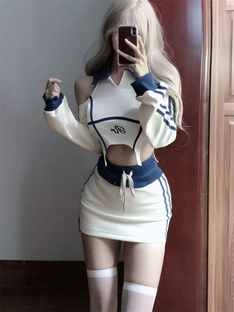 Hikigawa Chic Fashion Women Streetwear Y2k Sports Casual 2 Set Off Shoulder Crop Top Mujer+Drawstring High Waist Mini Skirts