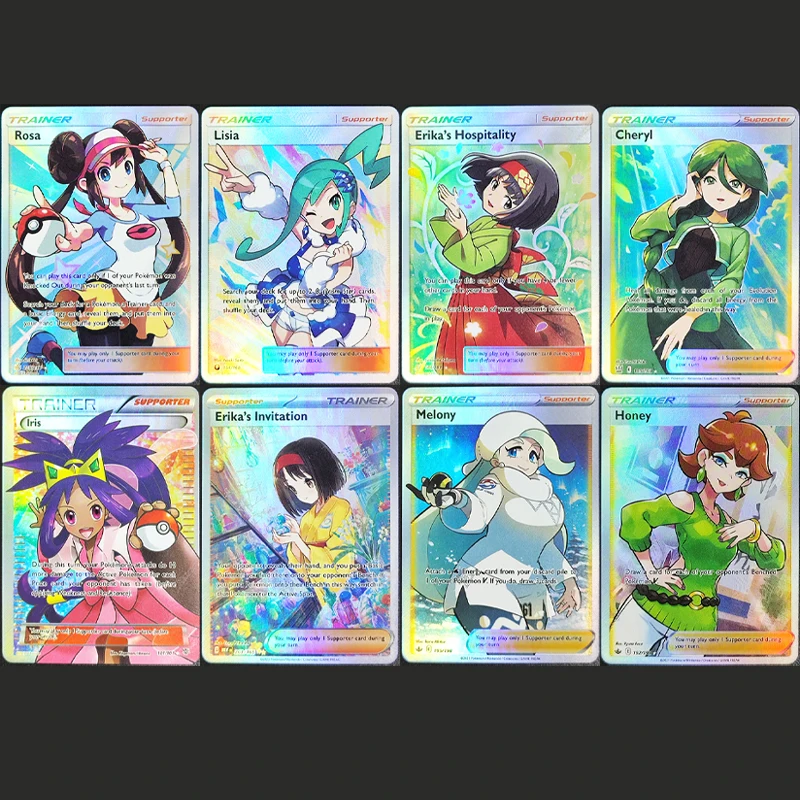 

8PCS/Set DIY PTCG English Trainer Supporter Full Art Rosa Lisia Iris Erika's Hospitality Melony Hobby Collection Flash Card Toy