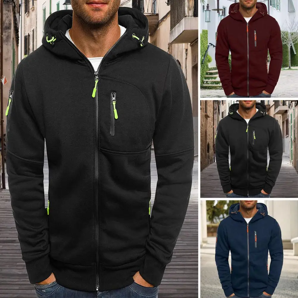 

Long Sleeve Zip-up Jacket Men's Zip-up Hoodie with Zipper Pockets for Spring Fall Workouts Stylish Cardigan Jacket with Elastic