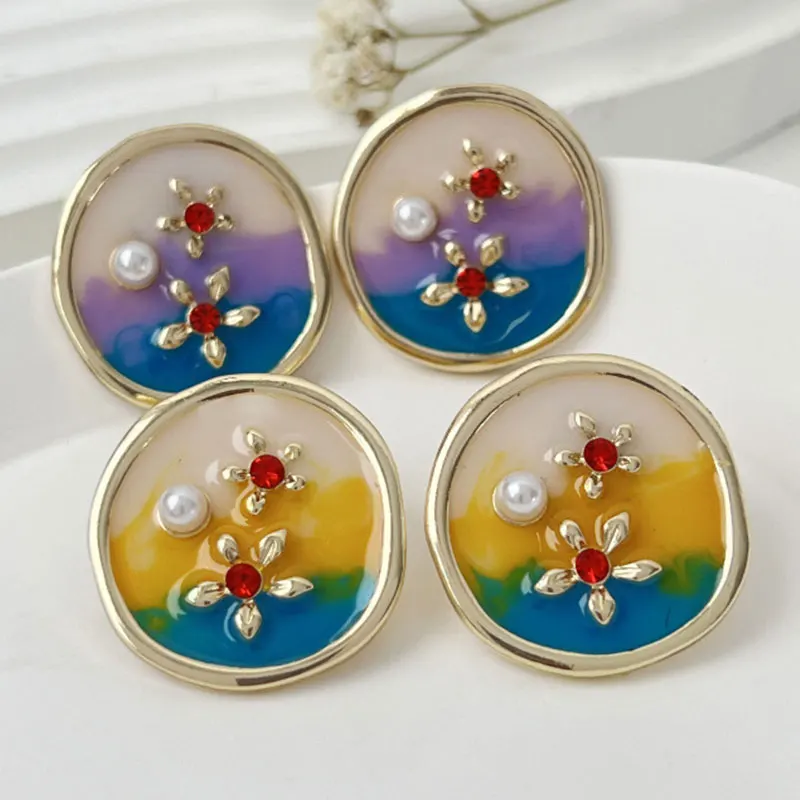 Hand-Dripping Glaze Purple Yellow Smudged Round Irregular Round Flowers Vintage Earring for Women Girl Autumn Winter jewelry NEW