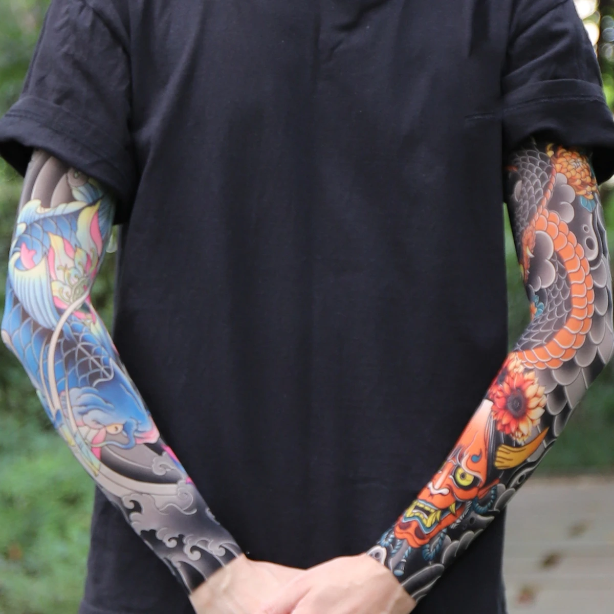 Ultra thin seamle Tattoo Flower Arm For Men Women Cool Travel Cycling Elastic Scratch Resistant Sunscreen Arm Sleeves Accessorie image 5