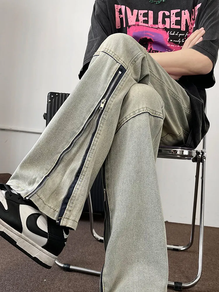 

Мужские джинсы в американском ретро-стиле, свободные, прямые, на молнии, модные, в уличном стиле, с легким расклешением, рабочие, длинные брюки