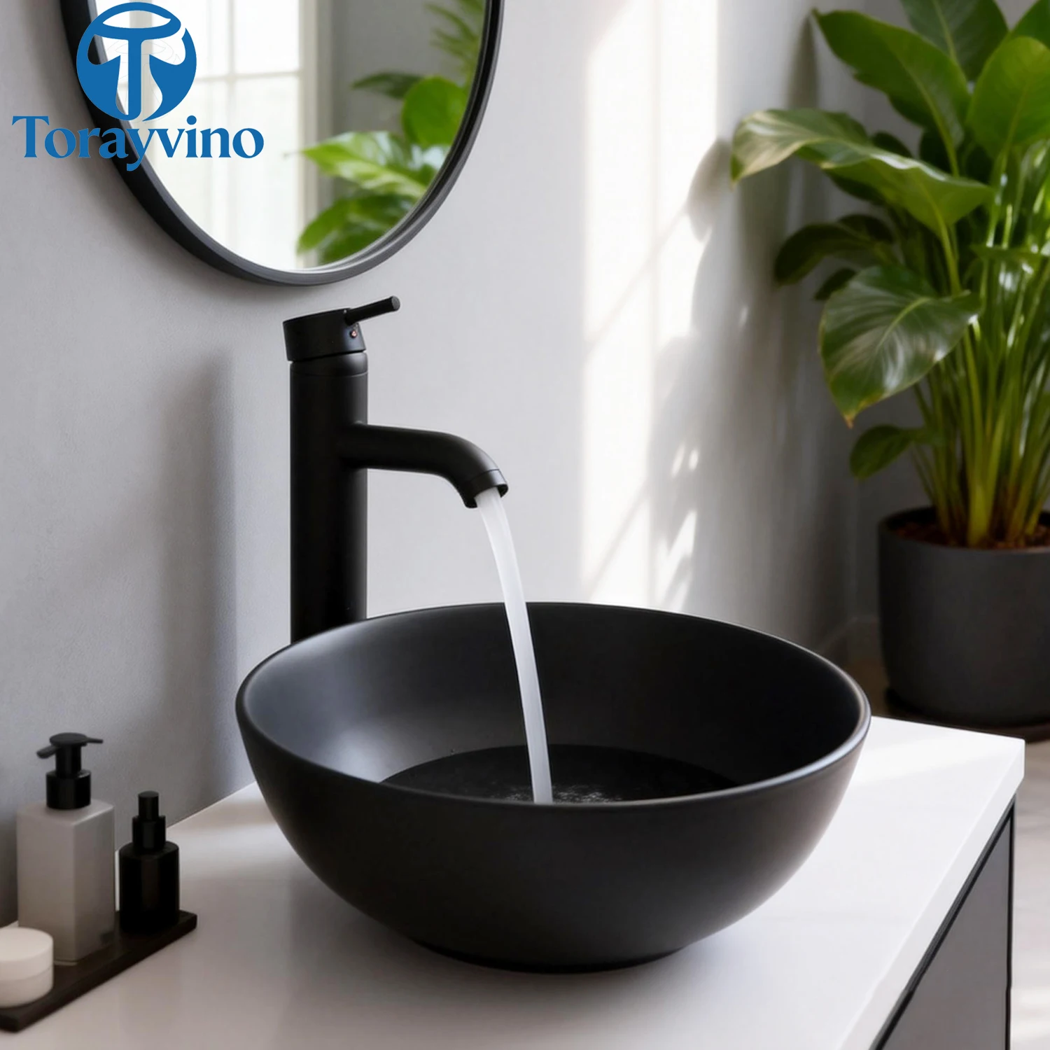 Torayvino Bathroom Basin Sink Set with Matte Black Faucet Pop Up Drain Hot and Cold Waterfall Mode Mixer Faucets Sink Taps view 3
