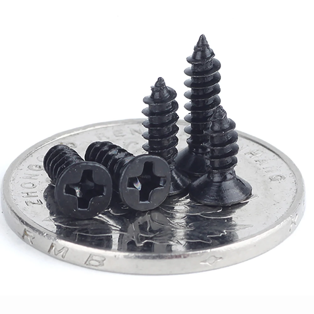 50-200pcs M1 M1.2 M1.4 M1.7 M2 M2.6 M3 M3.5 Black Steel Phillips Flat Countersunk Cross Round Pan Head Self-tapping Wood Screw