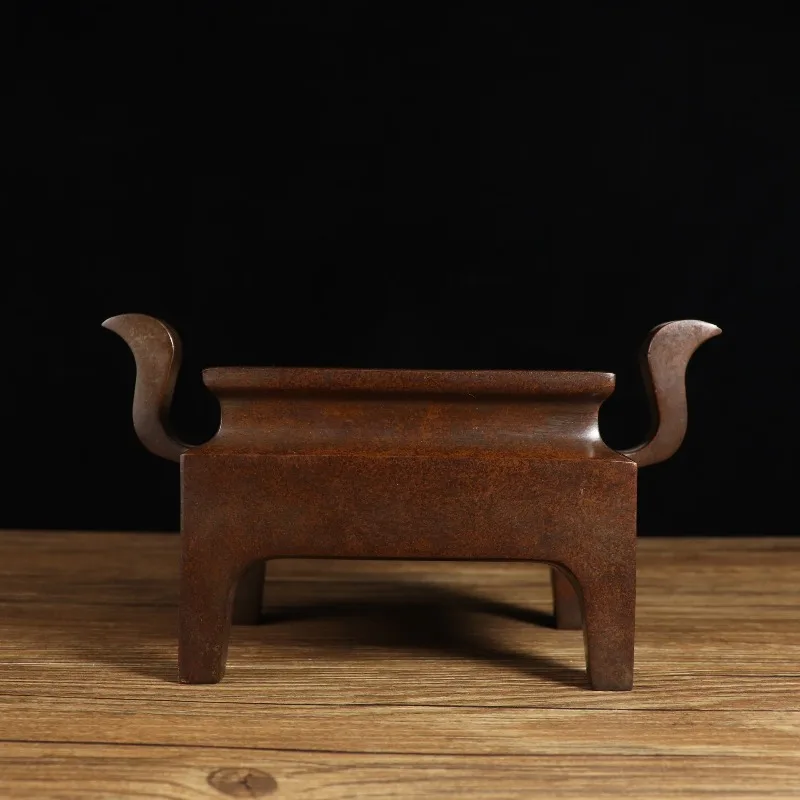 Retro Copper Rectangular Incense Burner Crown Ear Four Leg Censer Oriental Meditation Desktop Home Decor Incense Holder