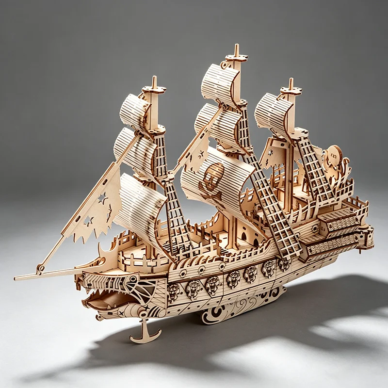 Premium Wooden Vintage Pirate Ship 3D Puzzle Realistic Model Desktop Decor Collectible Gift for Nautical Fans