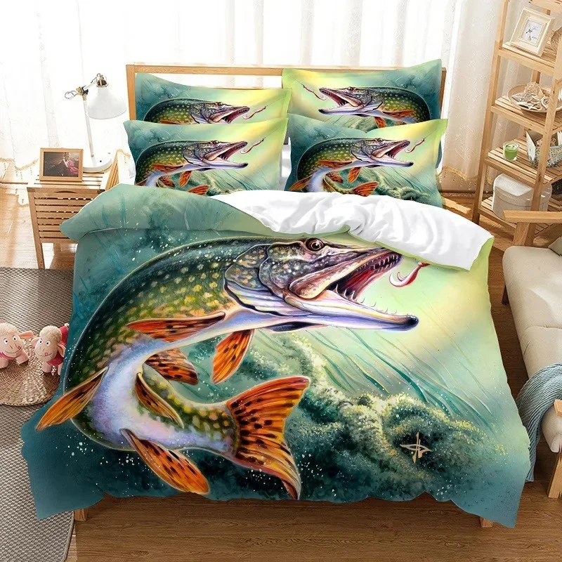 Big Pike Fish Duvet Cover King Queen For Kids Teens Adults Microfiber 3D Print Comforter Cover Hunting And Fishing Bedding Set