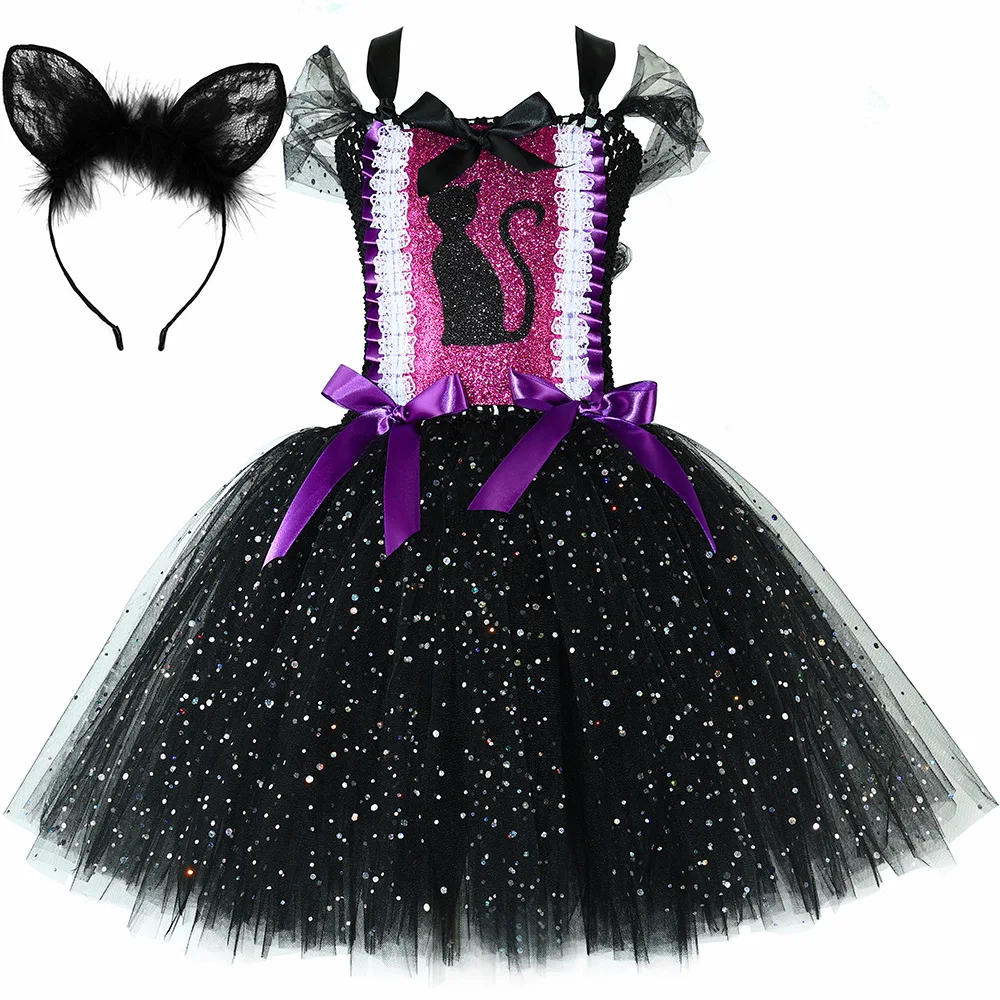 Glitter Black Cat Costume for Girls Carnival Birthday Party Fancy Tulle Tutu Dress Toddler Kids Halloween Animal Kitten Costumes