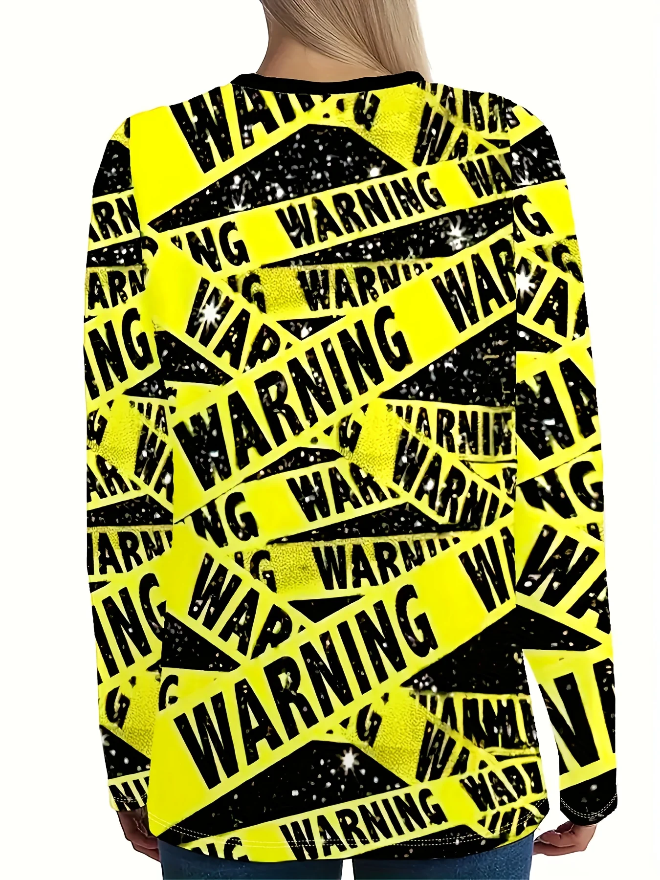 Women's Warning Print Sweatshirt Bright Yellow Black Text All Over Long Sleeve Crew Neck Casual Pullover Top