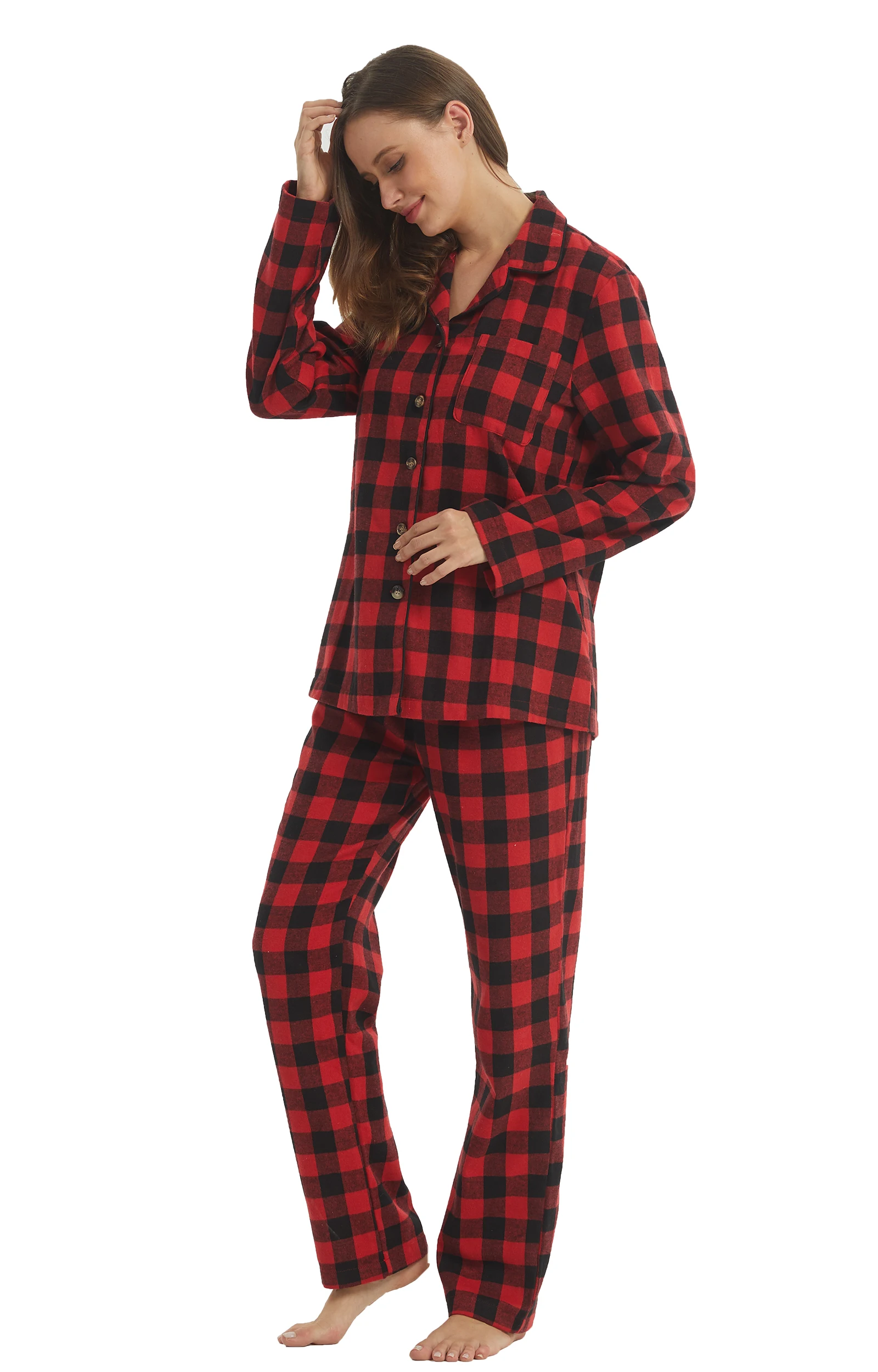 Womens Flannel Pajamas Sets Long Sleeve Pjs Sets for Women Plaid Pajama Sets Plaid Pjs Bottoms & Tops Flannel Pajama for Women