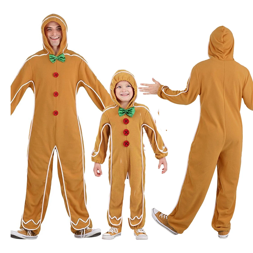 

Рождественский костюм печенья для взрослых, нарядное женское платье на Хэллоуин, детский костюм пряничного человечка, комбинезон