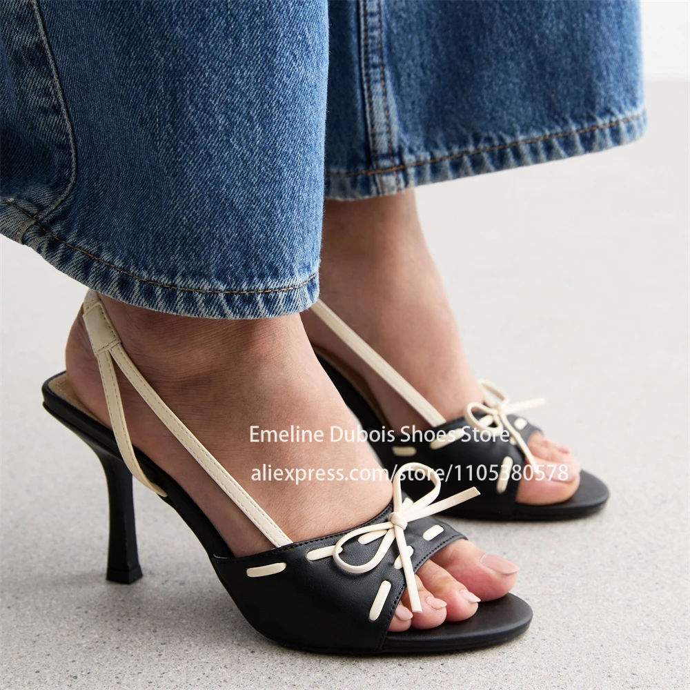 

Black White Stitch Bow Slingback Stiletto Heel Sandals Round Toe Strappy High Heel Sandal Elegant Casual Daily Women Dress Shoes