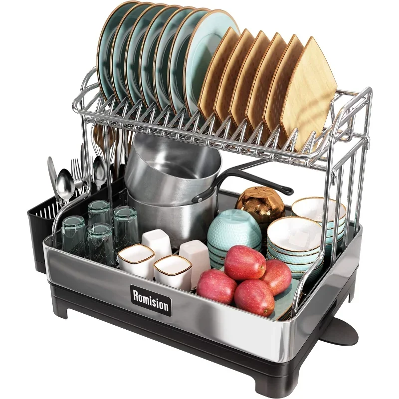 Dish Drying Rack, 304 Stainless Steel 2 Tier Large Dish Rack and Drainboard Set with Swivel Spout Drainage, Full Size