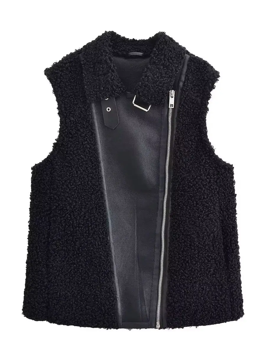 سترات نسائية لراكبي الدراجات النارية مصنوعة من الفرو الصناعي الأسود بدون أكمام سترات نسائية فاخرة عتيقة من البولي يوريثان وسحابات طويلة صدرية ملابس خروج