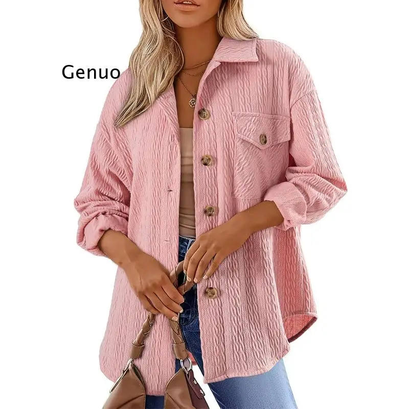 

2026 Fall New Womens Textured Button Down Shirt Long Sleeve Oversized Casual Blouse with Pockets for Ladies