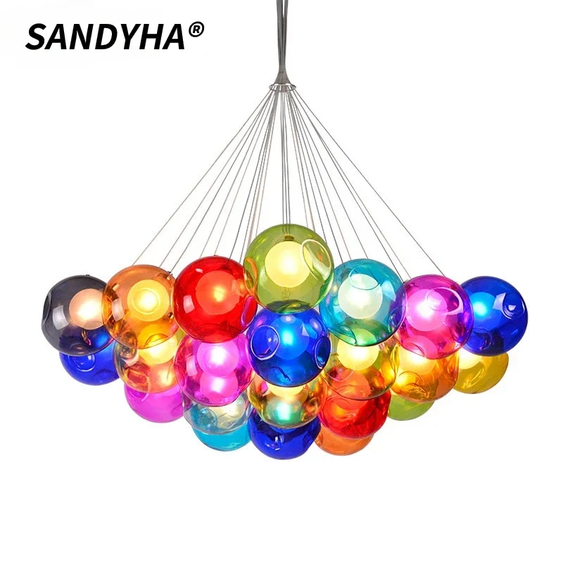 SANDYHA Colorful Glass Chandeliers LED Pendant Light for Living Room Restaurant Lobby Loft Stylish Design G4 Bulb Lustre Fixture