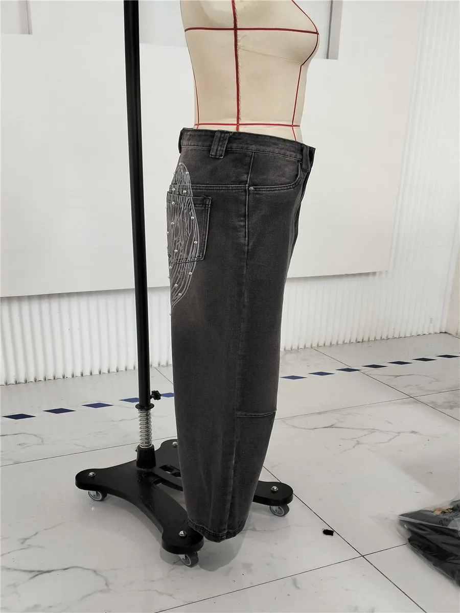 Jean baggy taille basse pour femme, pantalon en denim à jambe large avec poches, impression graphique d'aile gothique, goujon rétro, cargo d'automne, fjY2K