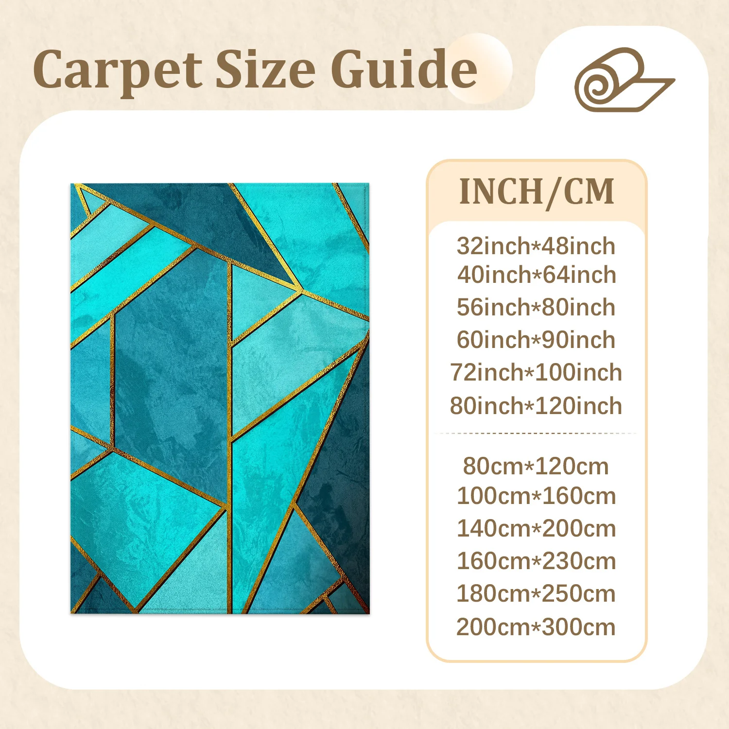 Large Indoor Area Rug, Soft Velvet Low Pile Rug with Non-slip Dotted Backing, Machine Washable Teal Geometric Gold Line Decor for Living Room and Bedroom