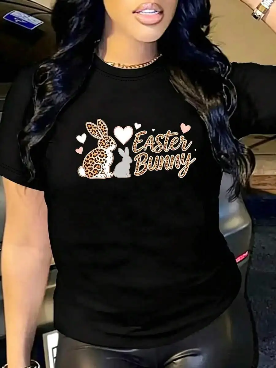 Women's Easter Graphic Tee Leopard Print Bunny With Heart Crewneck Short Sleeve Spring Holiday Casual Top Gift For Girlfriend Wife Mom Aesthetic Gift Idea