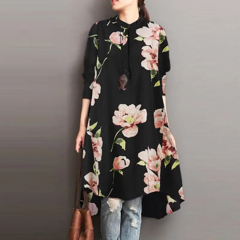 Women's Floral Print Button up irt Dr mid Length A-Line Skirt Polyester Fabric Long Sve Basic Sle Commute Sle
