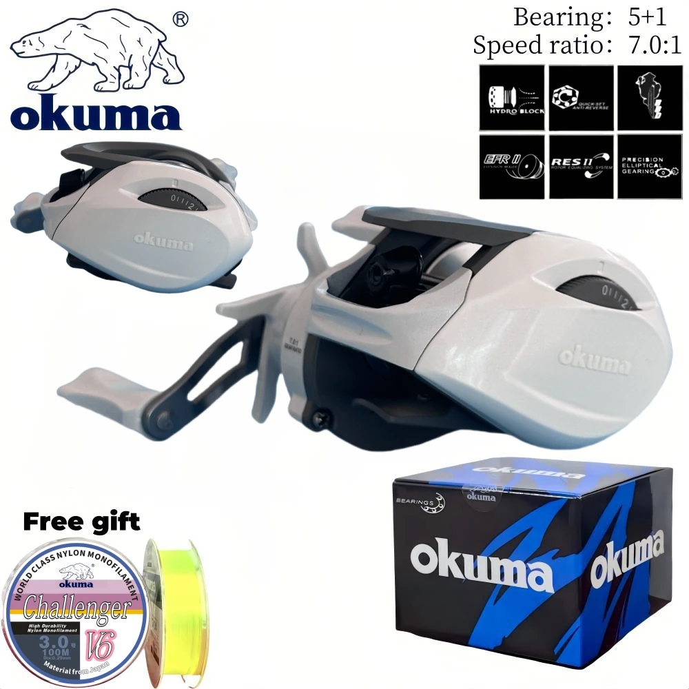 

OKUMA BaitcCasting Far throw Fishing Reels Drip Fishing Far throw 8KG Max Drag Ultra Light 7.0:1 Gear Ratio, Gift fishing line