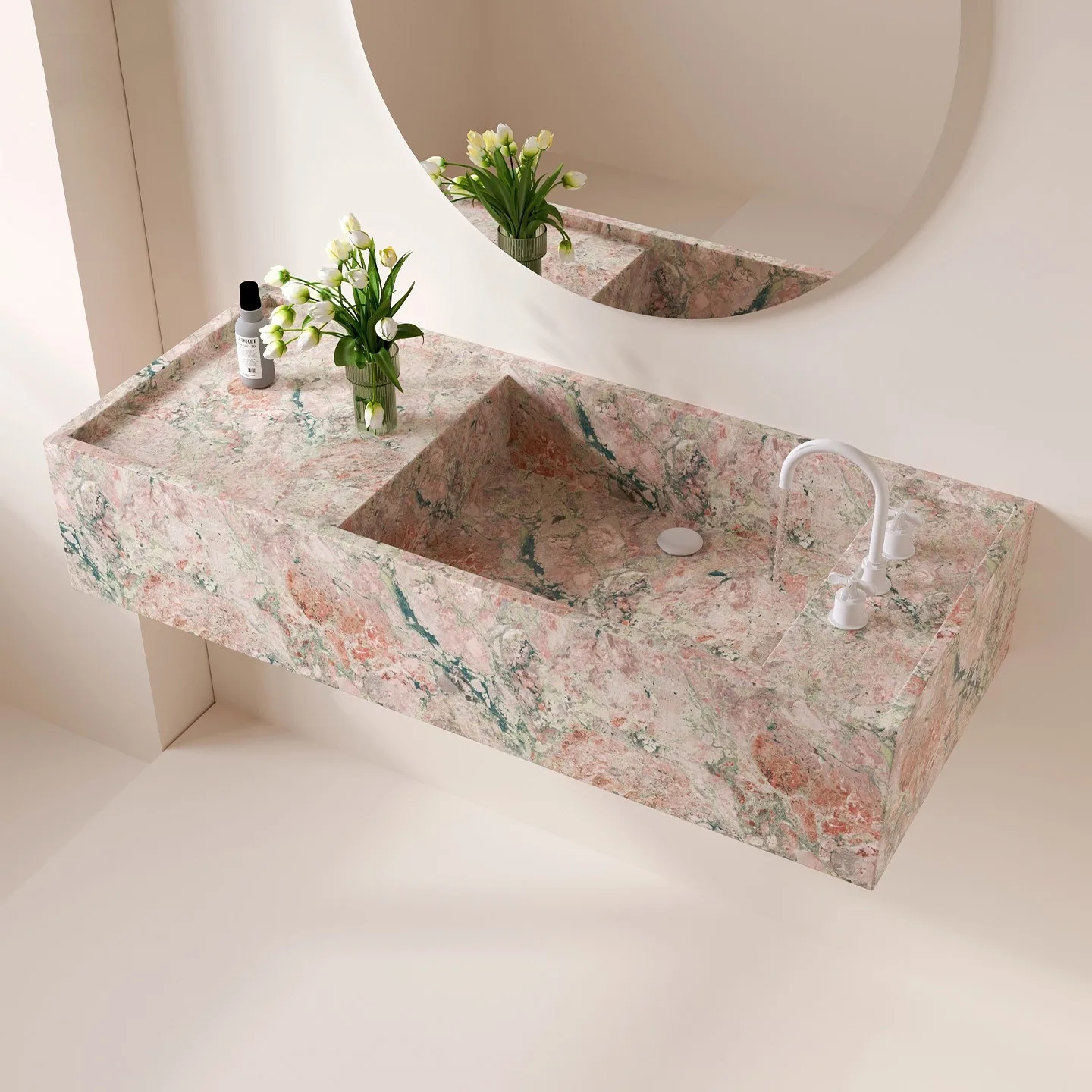 Custom Natural Marble Integrated Sink, Floating Wall Hung Vanity Basin, Natural Veins Easy Clean for Hotel Commercial Bathroom